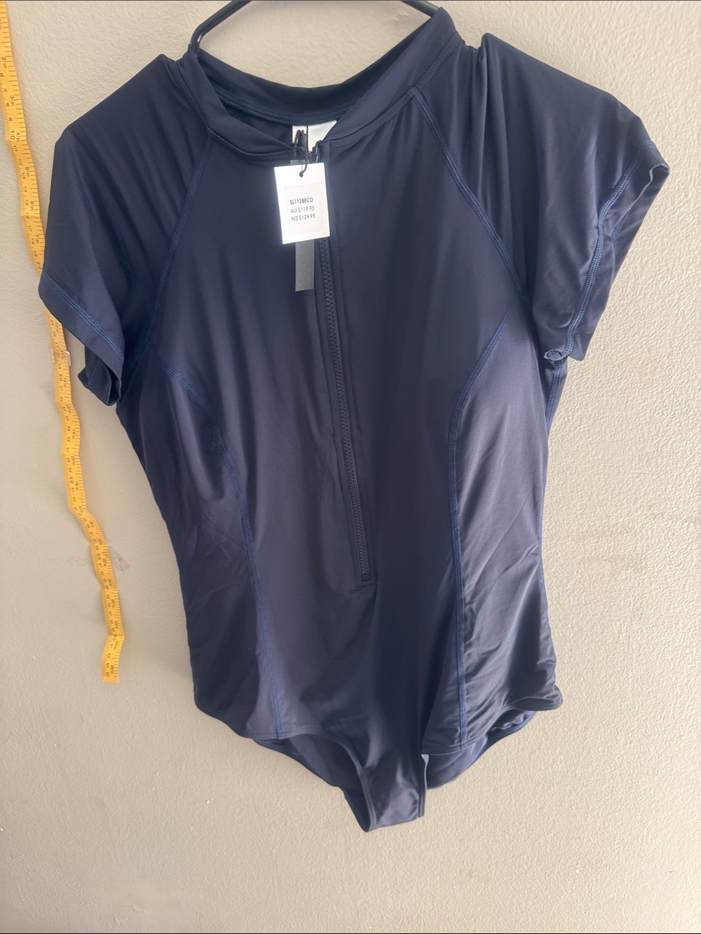 Short-Sleeve Navy Zip-Front One-Piece Swimsuit